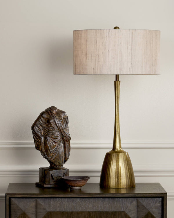 Currey & Company Cheenee Antique Brass Table Lamp with Linen Shade Brutalist Sculptural Design 6000-0861