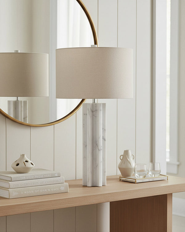 Currey & Company Mercurius Hand-Carved Marble Table Lamp with Linen Shade for Modern Interiors 6000-0893