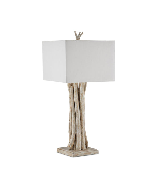 Currey & Company Driftwood Whitewash Sculptural Table Lamp with Linen Shade for Coastal Rustic Decor 6000-0919