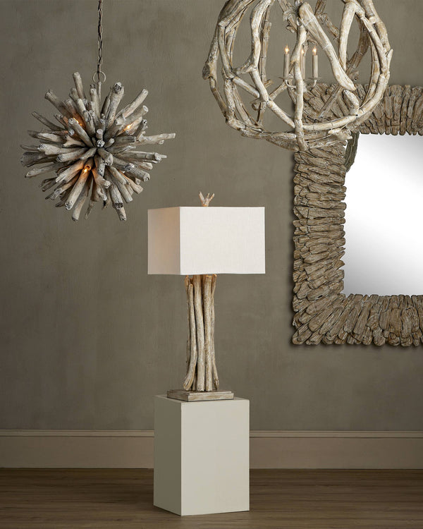 Currey & Company Driftwood Whitewash Sculptural Table Lamp with Linen Shade for Coastal Rustic Decor 6000-0919