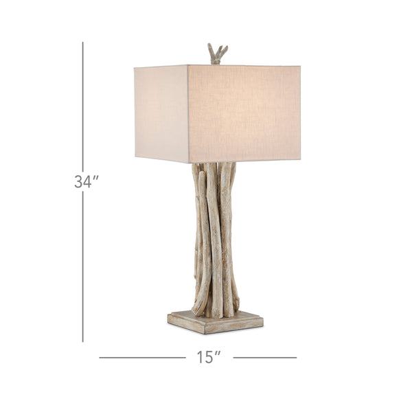 Currey & Company Driftwood Whitewash Sculptural Table Lamp with Linen Shade for Coastal Rustic Decor 6000-0919
