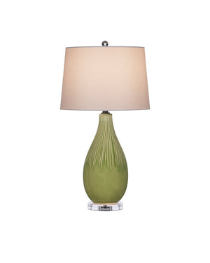 Currey & Company Anjou Ceramic Table Lamp Pear Form Green Glaze Linen Shade Satin Brass Accent 6000-0943