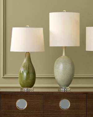 Currey & Company Anjou Ceramic Table Lamp Pear Form Green Glaze Linen Shade Satin Brass Accent 6000-0943