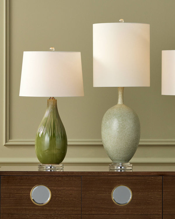 Currey & Company Anjou Ceramic Table Lamp Pear Form Green Glaze Linen Shade Satin Brass Accent 6000-0943
