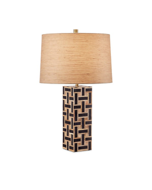 Currey & Company Aarna Basketweave Wood Table Lamp with Drum Shade for Farmhouse Living Rooms Natural / Black 6000-0954