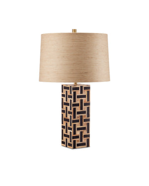 Currey & Company Aarna Basketweave Wood Table Lamp with Drum Shade for Farmhouse Living Rooms Natural / Black 6000-0954