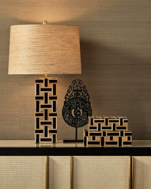 Currey & Company Aarna Basketweave Wood Table Lamp with Drum Shade for Farmhouse Living Rooms Natural / Black 6000-0954