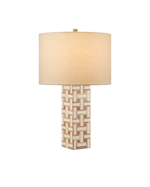 Currey & Company Aarna Basketweave Wood Table Lamp with Drum Shade for Farmhouse Living Rooms Natural / Ivory 6000-0955