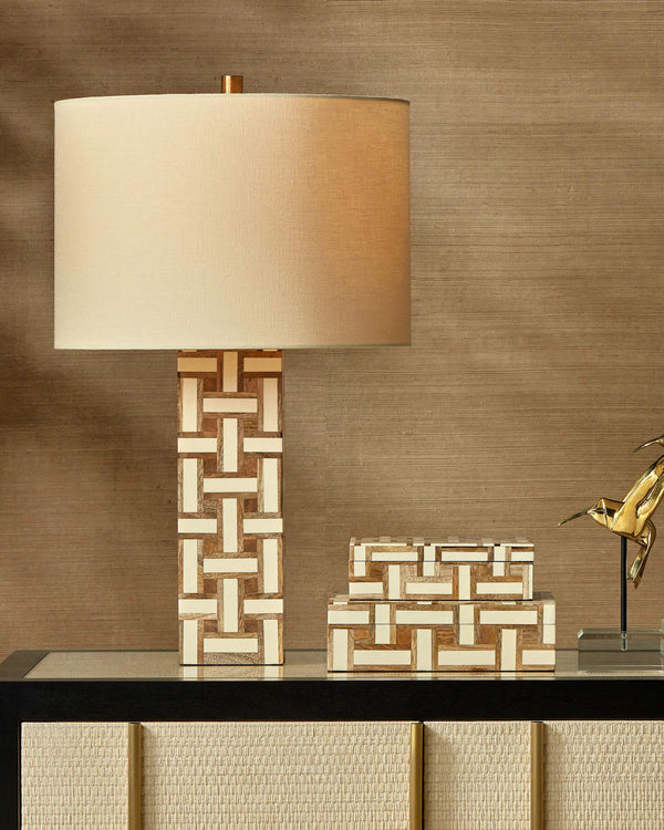 Currey & Company Aarna Basketweave Wood Table Lamp with Drum Shade for Farmhouse Living Rooms Natural / Ivory 6000-0955