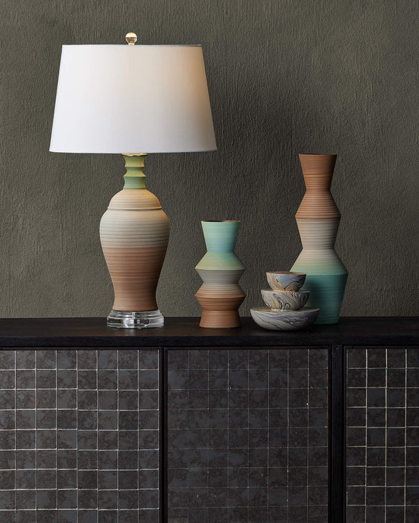 Currey & Company Happy Hand-Thrown Ceramic Table Lamp with Retro Striations and Crystal Finial Accent 6000-1024