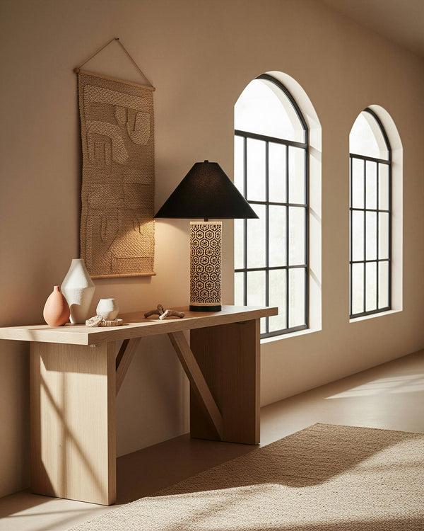 Currey & Company Nebulon Handwoven Bamboo Table Lamp with Black Empire Shade for Bohemian Rooms 6000-1036