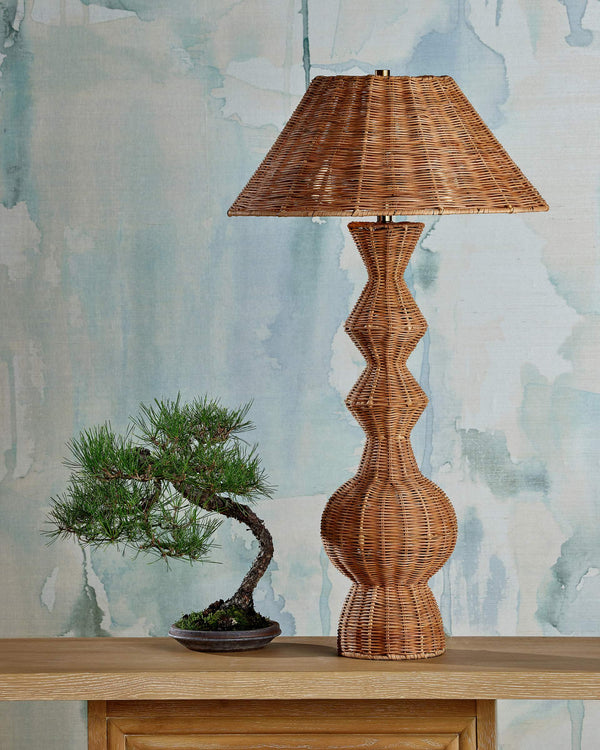 Currey & Company Nirvana Woven Cane Rattan Table Lamp Organic Geometric Shape for Bohemian Interiors 6000-1051