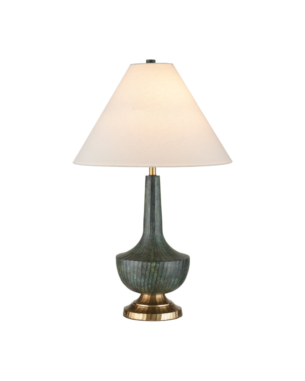 Currey & Company Djinn Cast Aluminum Table Lamp with Verdigris Brass Patina and Linen Empire Shade 6000-1060