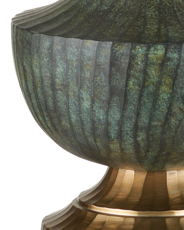 Currey & Company Djinn Cast Aluminum Table Lamp with Verdigris Brass Patina and Linen Empire Shade 6000-1060