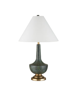 Currey & Company Djinn Cast Aluminum Table Lamp with Verdigris Brass Patina and Linen Empire Shade 6000-1060