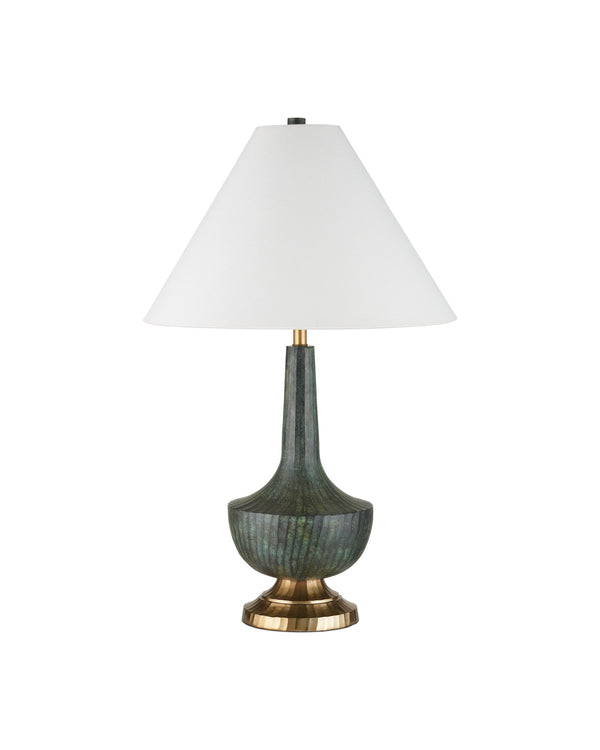 Currey & Company Djinn Cast Aluminum Table Lamp with Verdigris Brass Patina and Linen Empire Shade 6000-1060