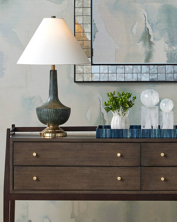 Currey & Company Djinn Cast Aluminum Table Lamp with Verdigris Brass Patina and Linen Empire Shade 6000-1060