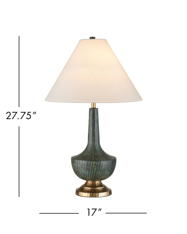 Currey & Company Djinn Cast Aluminum Table Lamp with Verdigris Brass Patina and Linen Empire Shade 6000-1060