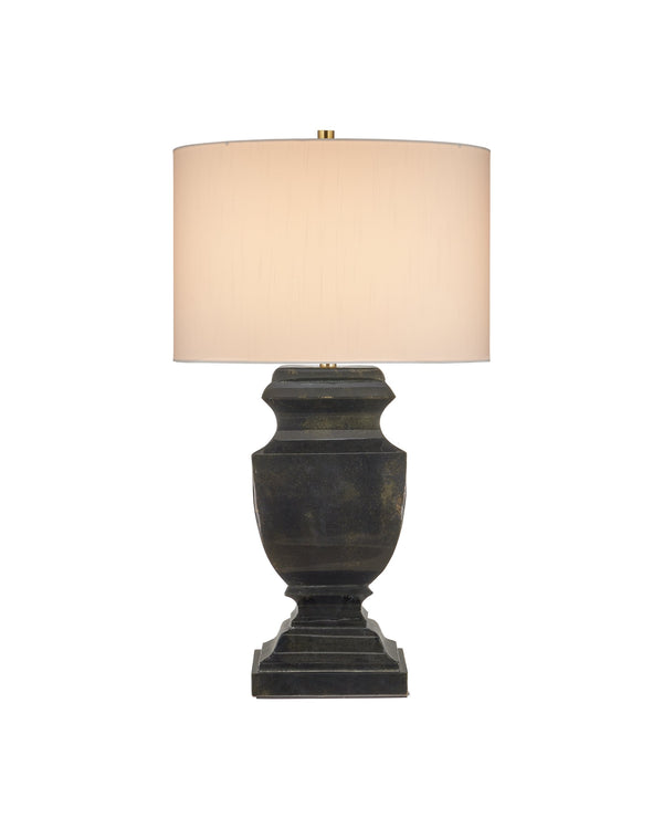 Currey & Company Balustrade Iron Urn Table Lamp with Mottled Gold Finish and Drum Shade for Entryway 6000-1061