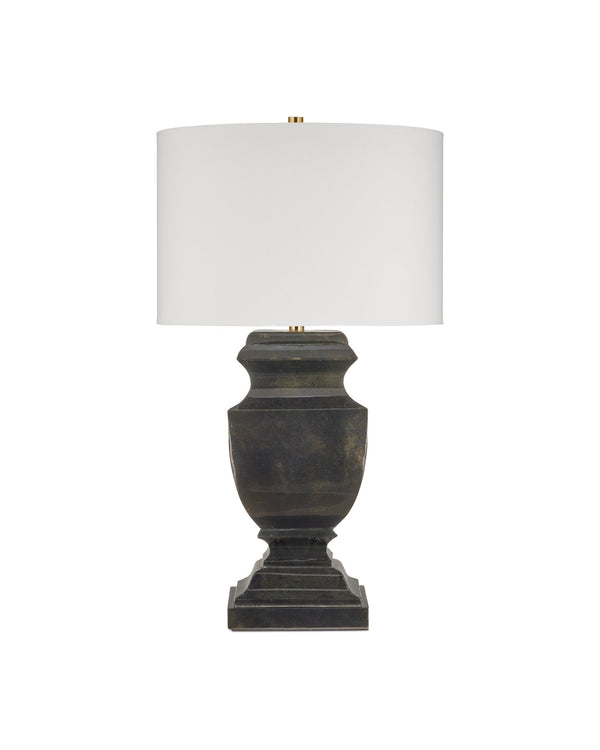 Currey & Company Balustrade Iron Urn Table Lamp with Mottled Gold Finish and Drum Shade for Entryway 6000-1061