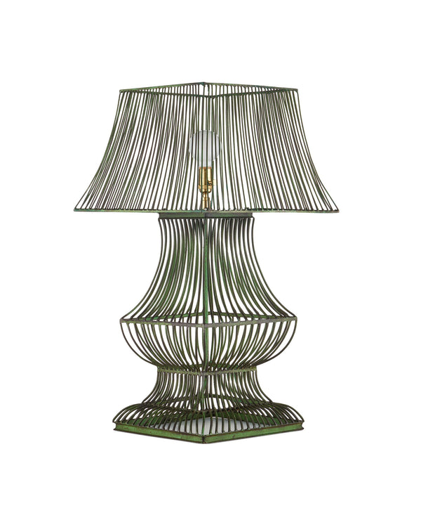 Currey & Company Tuteurs Iron Cage Table Lamp with Verdigris Finish Garden Inspired Sculptural Design 6000-1062