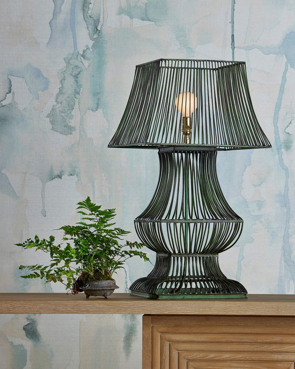 Currey & Company Tuteurs Iron Cage Table Lamp with Verdigris Finish Garden Inspired Sculptural Design 6000-1062