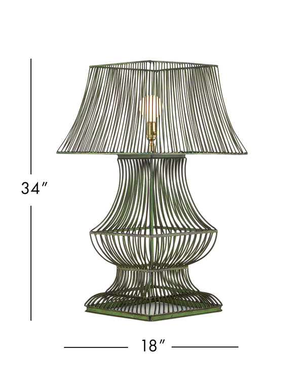 Currey & Company Tuteurs Iron Cage Table Lamp with Verdigris Finish Garden Inspired Sculptural Design 6000-1062
