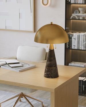 Currey & Company Edith Marble Column Desk Lamp with Antique Brass Dome for Mid-Century Home Offices 6000-1065