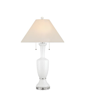 Currey & Company Classico Murano Inspired Hand Blown Glass Table Lamp with White Linen Empire Shade White / Clear / Polished Nickel 6000-1066