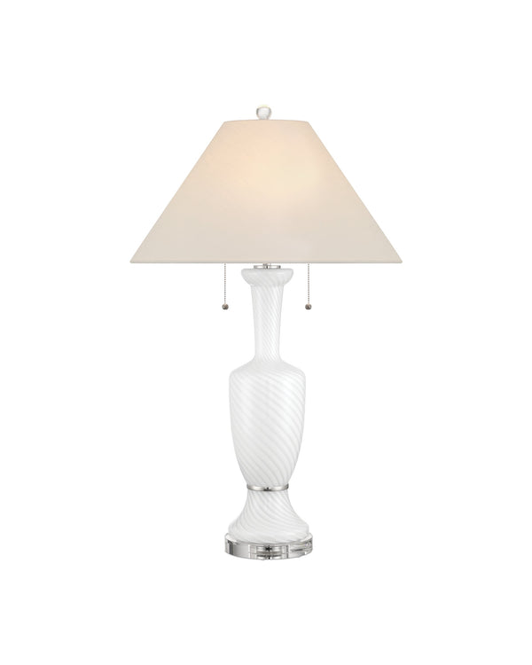 Currey & Company Classico Murano Inspired Hand Blown Glass Table Lamp with White Linen Empire Shade White / Clear / Polished Nickel 6000-1066