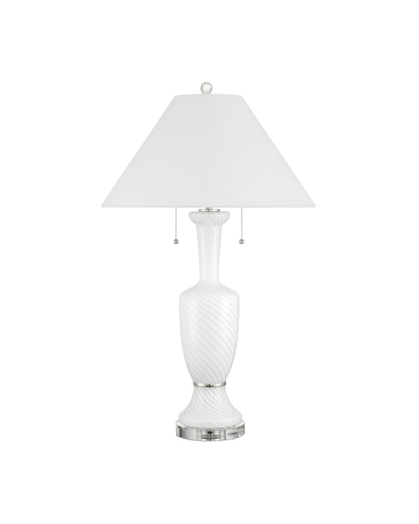 Currey & Company Classico Murano Inspired Hand Blown Glass Table Lamp with White Linen Empire Shade White / Clear / Polished Nickel 6000-1066