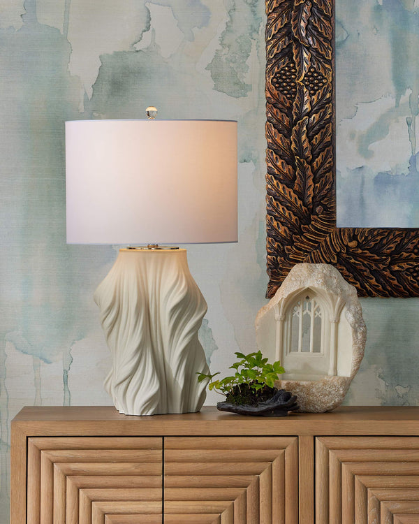 Currey & Company Watershed Sculptural Porcelain Table Lamp with Flowing Ridged Base and White Shade 6000-1067