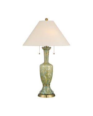 Currey & Company Classico Murano Inspired Hand Blown Glass Table Lamp with White Linen Empire Shade Green / Beige / Antique Brass 6000-1069