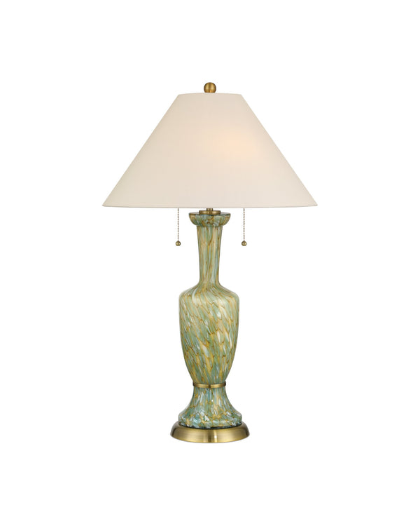 Currey & Company Classico Murano Inspired Hand Blown Glass Table Lamp with White Linen Empire Shade Green / Beige / Antique Brass 6000-1069