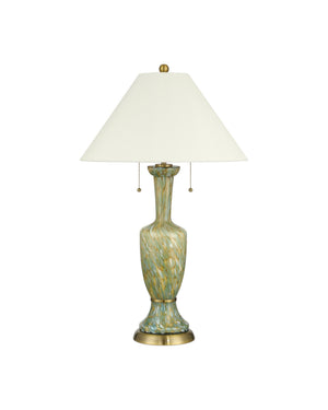 Currey & Company Classico Murano Inspired Hand Blown Glass Table Lamp with White Linen Empire Shade Green / Beige / Antique Brass 6000-1069