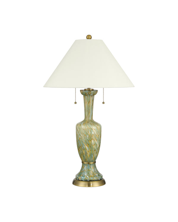 Currey & Company Classico Murano Inspired Hand Blown Glass Table Lamp with White Linen Empire Shade Green / Beige / Antique Brass 6000-1069