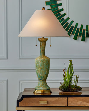 Currey & Company Classico Murano Inspired Hand Blown Glass Table Lamp with White Linen Empire Shade Green / Beige / Antique Brass 6000-1069