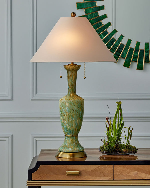 Currey & Company Classico Murano Inspired Hand Blown Glass Table Lamp with White Linen Empire Shade Green / Beige / Antique Brass 6000-1069