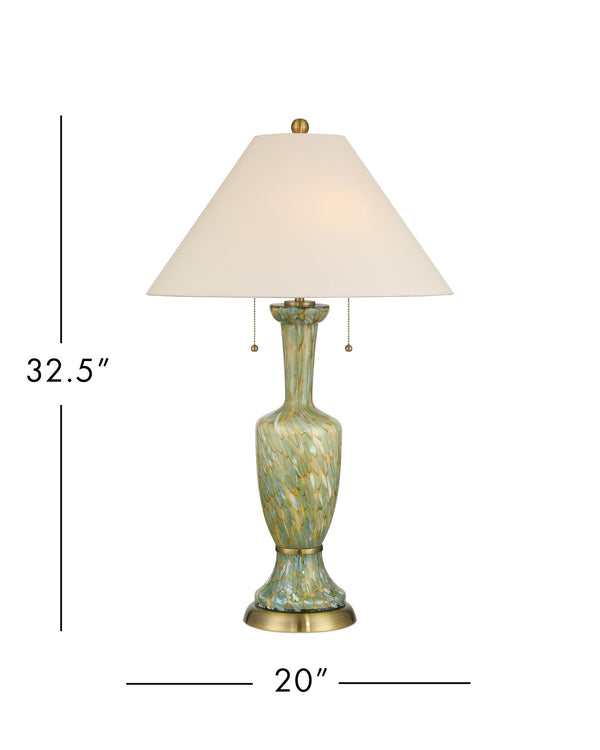 Currey & Company Classico Murano Inspired Hand Blown Glass Table Lamp with White Linen Empire Shade Green / Beige / Antique Brass 6000-1069
