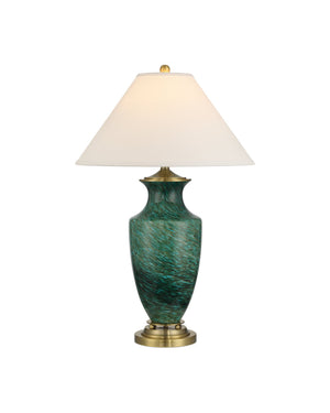 Currey & Company Claude Grecian Urn Green Glass Table Lamp with Linen Shade for Eclectic Interiors 6000-1070