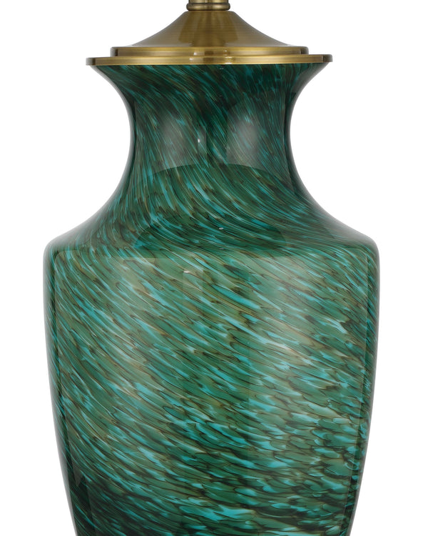 Currey & Company Claude Grecian Urn Green Glass Table Lamp with Linen Shade for Eclectic Interiors 6000-1070