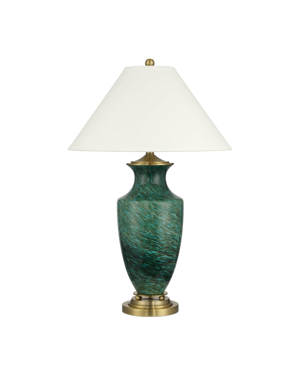 Currey & Company Claude Grecian Urn Green Glass Table Lamp with Linen Shade for Eclectic Interiors 6000-1070