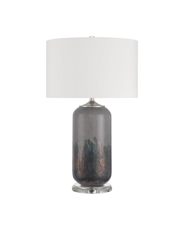 Currey & Company Lewes Hand-Glazed Gray Glass Table Lamp with Iridescent Accents and Drum Shade 6000-1071