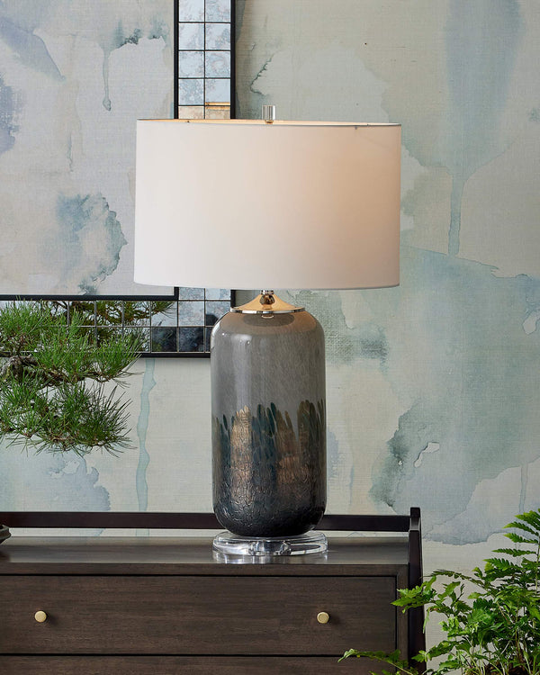 Currey & Company Lewes Hand-Glazed Gray Glass Table Lamp with Iridescent Accents and Drum Shade 6000-1071