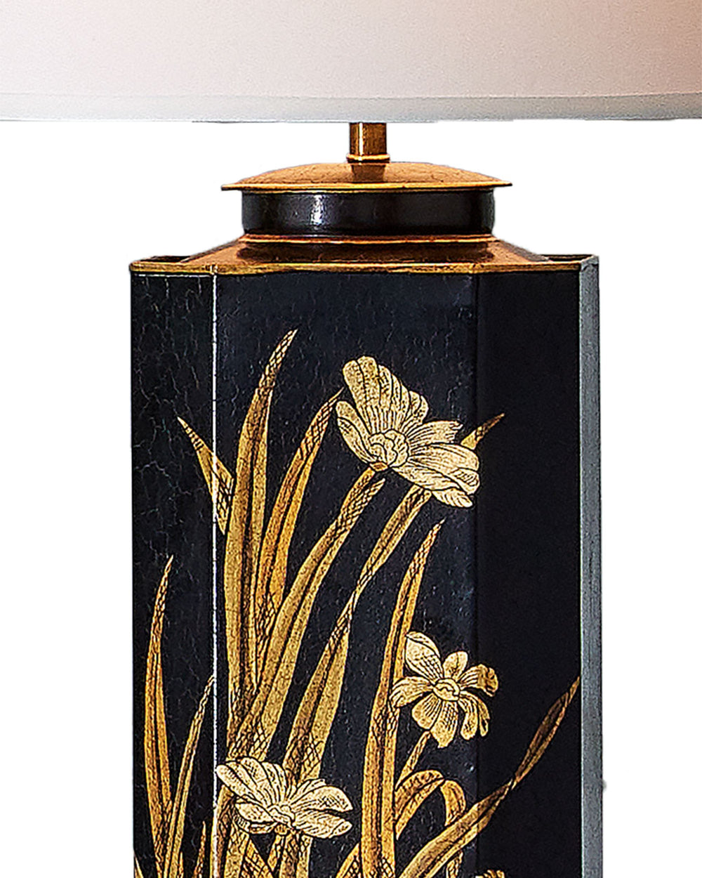 Currey & Company Glasshouse Tole Trophy Base Table Lamp Hand Painted Floral Gold Black Empire Shade 6000-1075