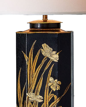 Currey & Company Glasshouse Tole Trophy Base Table Lamp Hand Painted Floral Gold Black Empire Shade 6000-1075