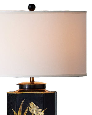 Currey & Company Glasshouse Tole Trophy Base Table Lamp Hand Painted Floral Gold Black Empire Shade 6000-1075