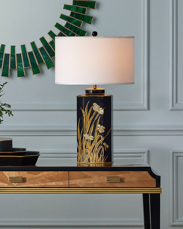 Currey & Company Glasshouse Tole Trophy Base Table Lamp Hand Painted Floral Gold Black Empire Shade 6000-1075