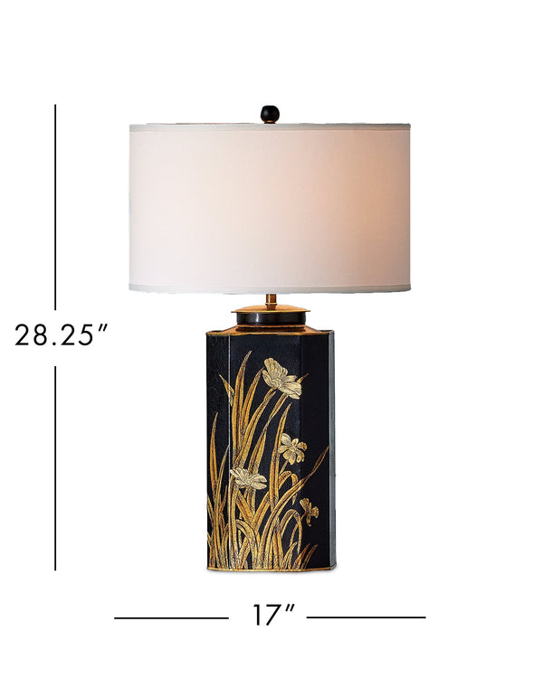 Currey & Company Glasshouse Tole Trophy Base Table Lamp Hand Painted Floral Gold Black Empire Shade 6000-1075