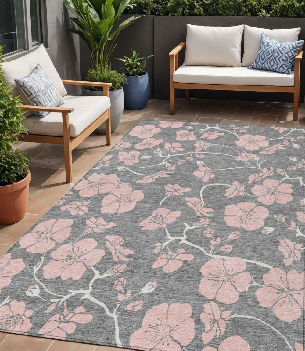 HomeRoots 5' Gray Pink Ivory Floral Washable Area Rug - Durable Indoor Outdoor Design for High-Traffic Spaces 5' X 8' 600001